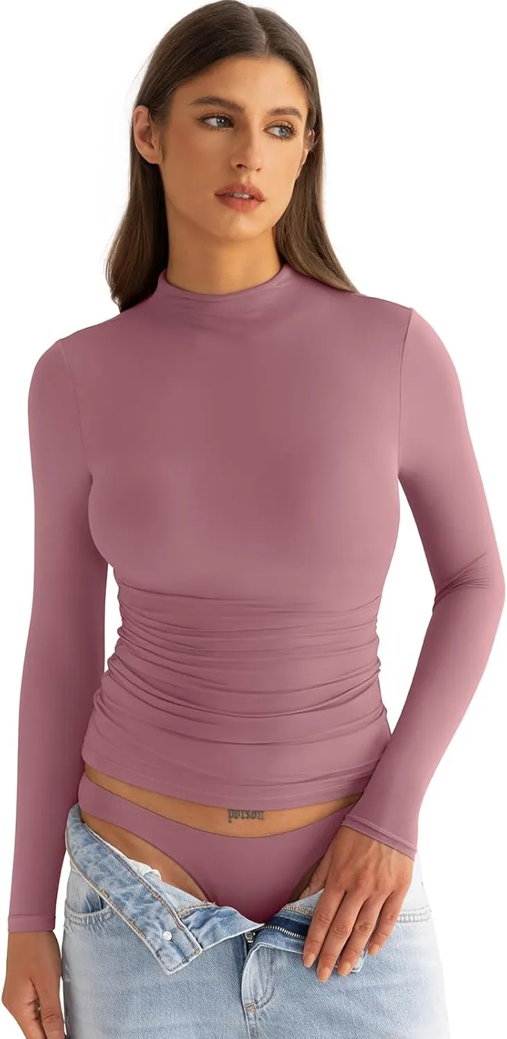 Womens Mock Neck Long Sleeve Shirts Ruched Double Lined Top Fit Tight Turtleneck Tee Spring Fall Clothes 2025
