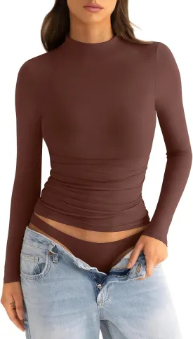 Womens Mock Neck Long Sleeve Shirts Ruched Double Lined Top Fit Tight Turtleneck Tee Spring Fall Clothes 2025
