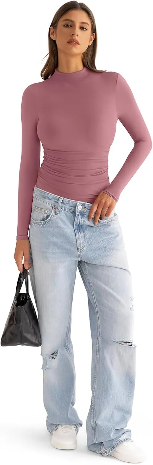 Womens Mock Neck Long Sleeve Shirts Ruched Double Lined Top Fit Tight Turtleneck Tee Spring Fall Clothes 2025