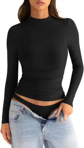 Womens Mock Neck Long Sleeve Shirts Ruched Double Lined Top Fit Tight Turtleneck Tee Spring Fall Clothes 2025