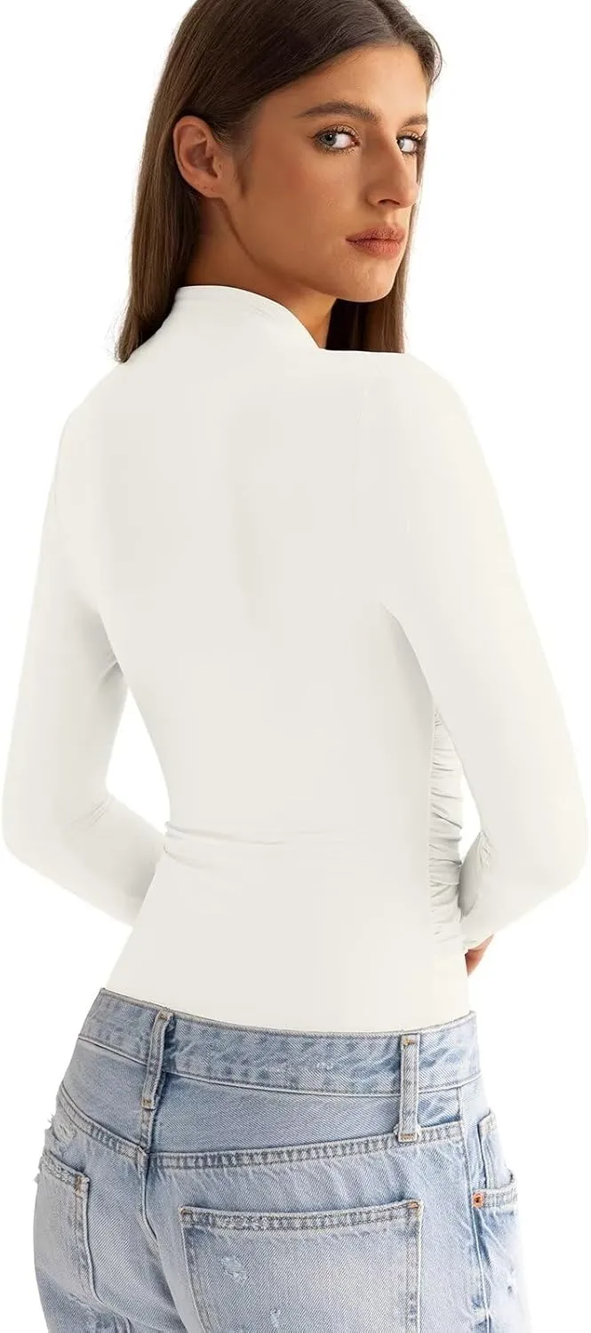 Womens Mock Neck Long Sleeve Shirts Ruched Double Lined Top Fit Tight Turtleneck Tee Spring Fall Clothes 2025
