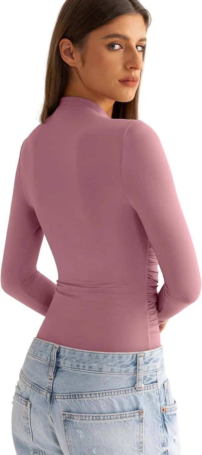 Womens Mock Neck Long Sleeve Shirts Ruched Double Lined Top Fit Tight Turtleneck Tee Spring Fall Clothes 2025