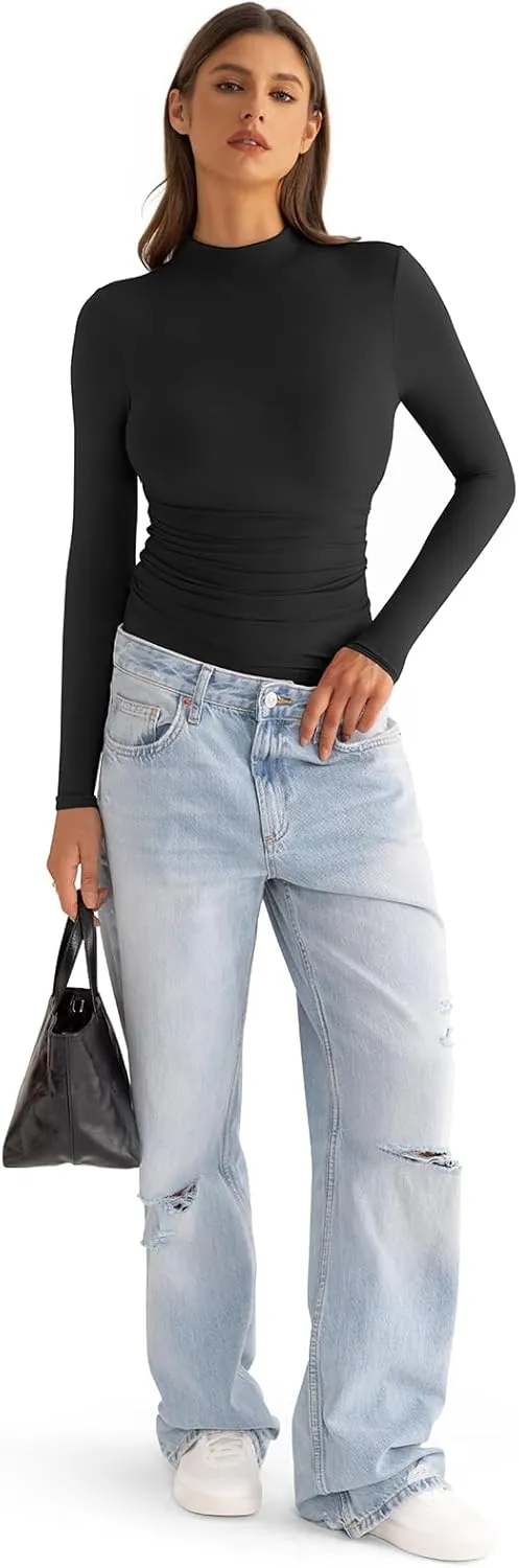 Womens Mock Neck Long Sleeve Shirts Ruched Double Lined Top Fit Tight Turtleneck Tee Spring Fall Clothes 2025