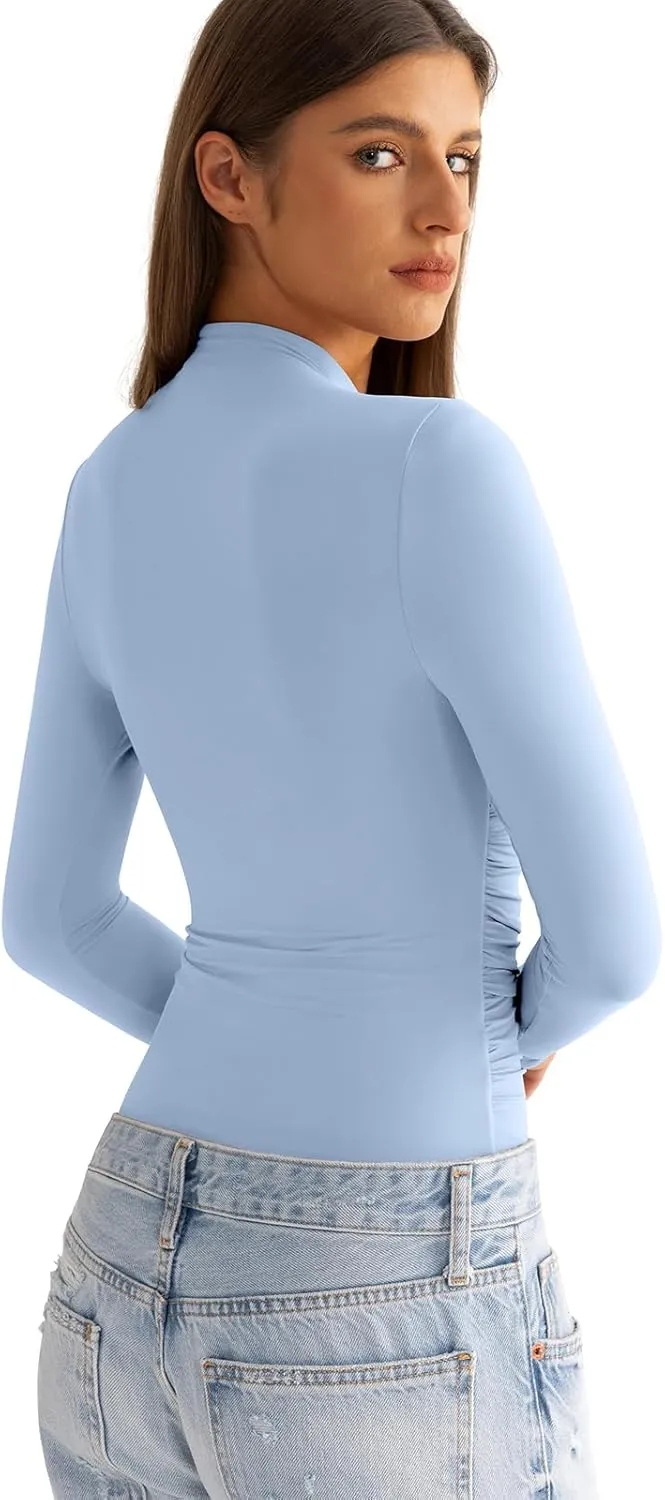 Womens Mock Neck Long Sleeve Shirts Ruched Double Lined Top Fit Tight Turtleneck Tee Spring Fall Clothes 2025