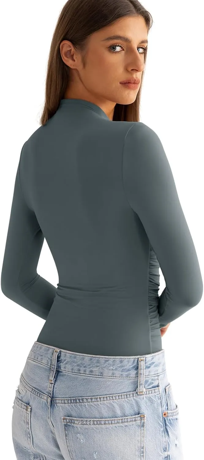 Womens Mock Neck Long Sleeve Shirts Ruched Double Lined Top Fit Tight Turtleneck Tee Spring Fall Clothes 2025