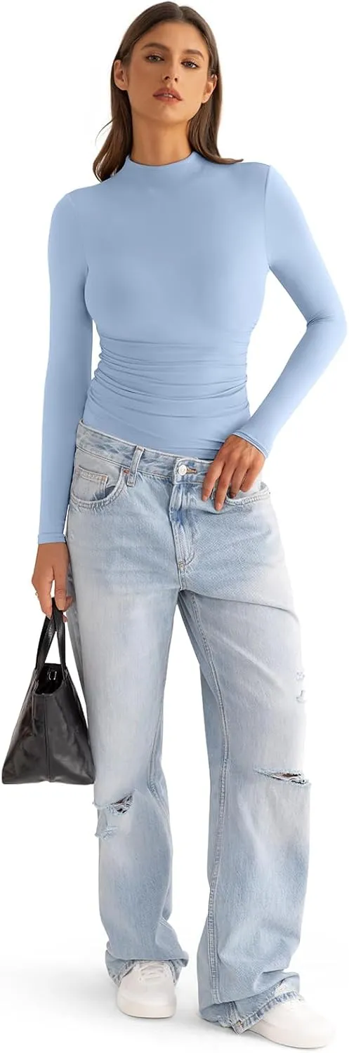 Womens Mock Neck Long Sleeve Shirts Ruched Double Lined Top Fit Tight Turtleneck Tee Spring Fall Clothes 2025