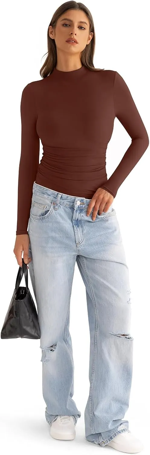 Womens Mock Neck Long Sleeve Shirts Ruched Double Lined Top Fit Tight Turtleneck Tee Spring Fall Clothes 2025