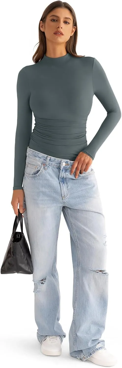 Womens Mock Neck Long Sleeve Shirts Ruched Double Lined Top Fit Tight Turtleneck Tee Spring Fall Clothes 2025