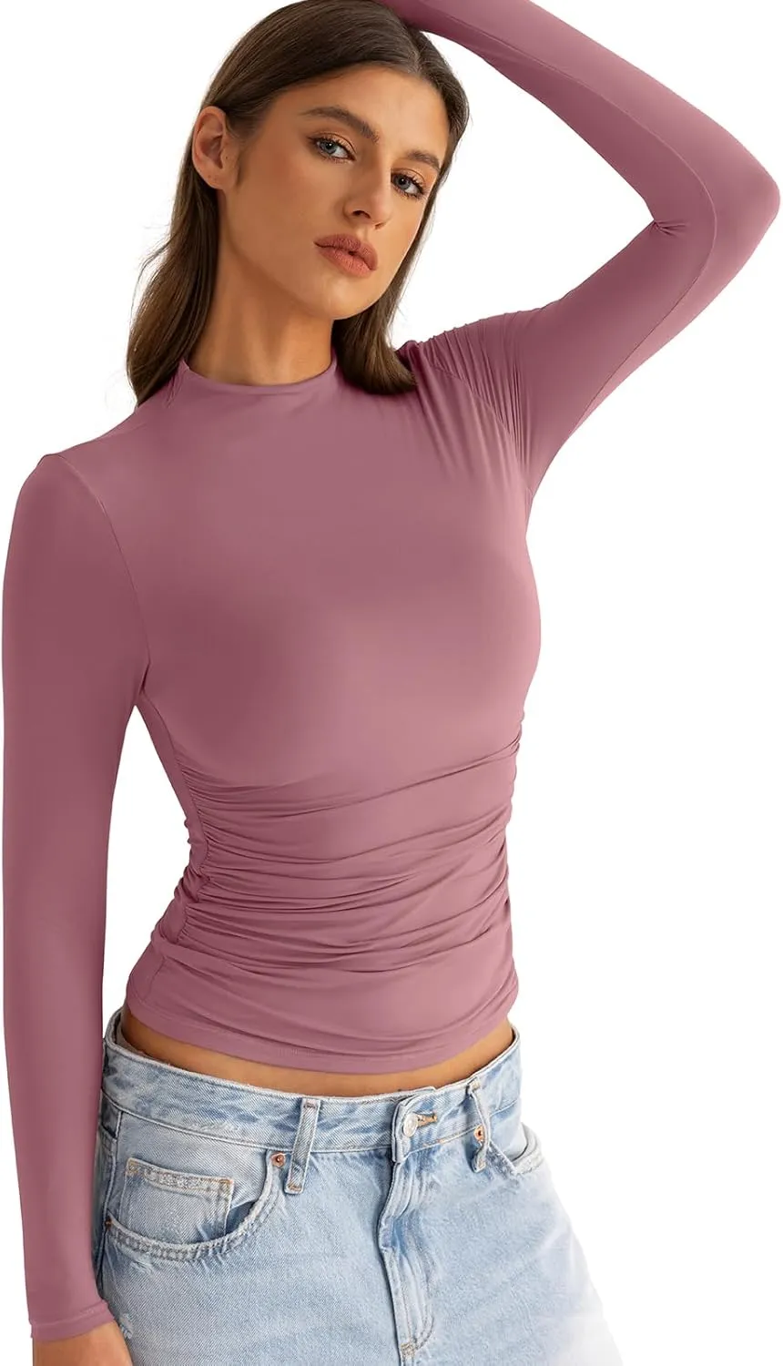 Womens Mock Neck Long Sleeve Shirts Ruched Double Lined Top Fit Tight Turtleneck Tee Spring Fall Clothes 2025