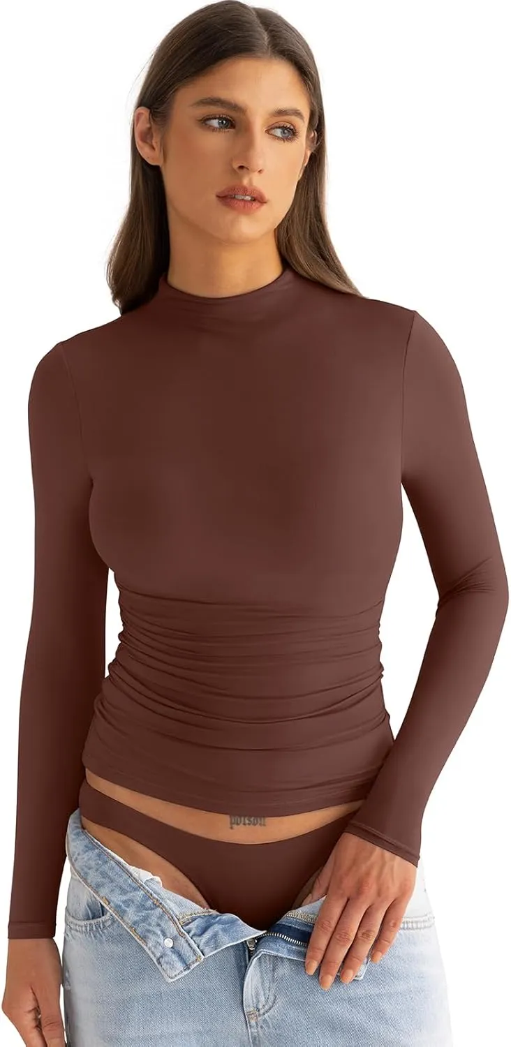 Womens Mock Neck Long Sleeve Shirts Ruched Double Lined Top Fit Tight Turtleneck Tee Spring Fall Clothes 2025