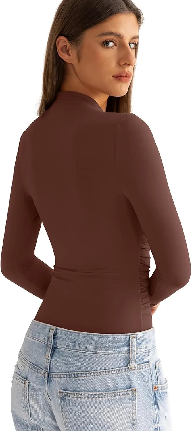 Womens Mock Neck Long Sleeve Shirts Ruched Double Lined Top Fit Tight Turtleneck Tee Spring Fall Clothes 2025