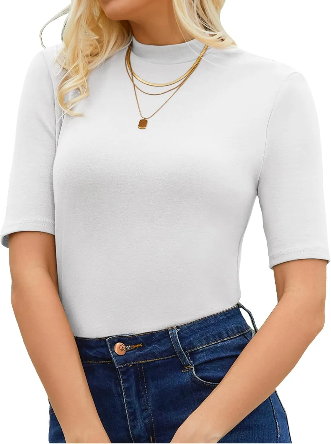 Womens Mock Neck Tops Dressy Casual Half Short Sleeve Mock Turtleneck Shirts Basic Tee Tops Blouse