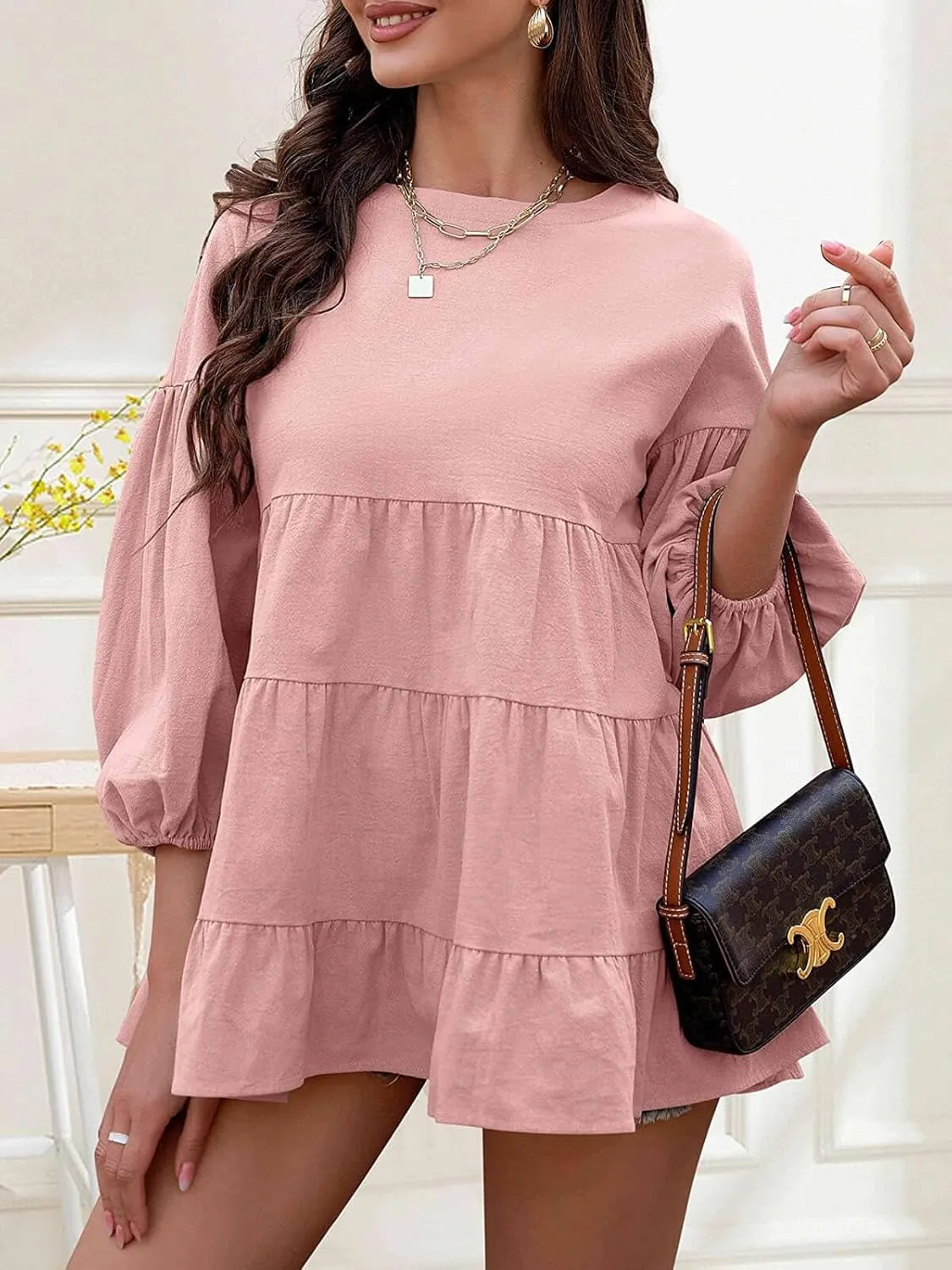 Women's Peplum Tops 3/4 Lantern Sleeve Crewneck Loose Babydoll Shirt Blouse