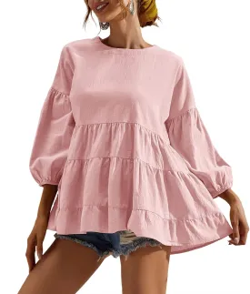 Women's Peplum Tops 3/4 Lantern Sleeve Crewneck Loose Babydoll Shirt Blouse