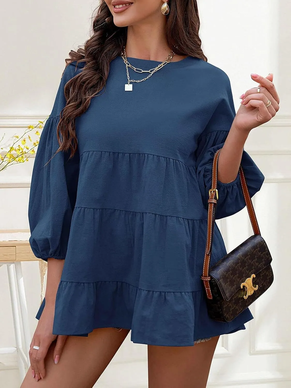 Women's Peplum Tops 3/4 Lantern Sleeve Crewneck Loose Babydoll Shirt Blouse
