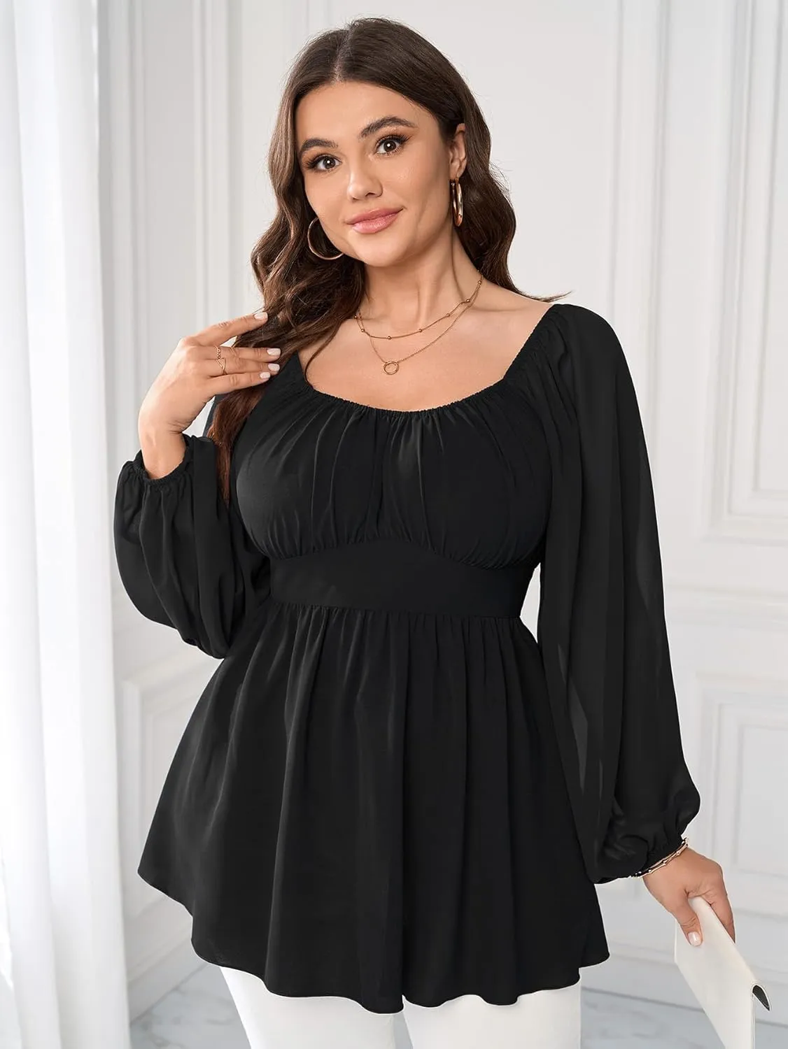 Womens Plus Size Blouse Square Neck Peplum Elegant Tops Long Sleeve Ruffle Babydoll Top