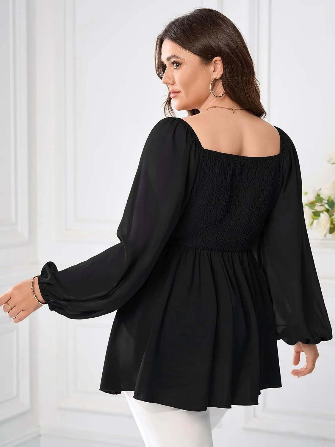 Womens Plus Size Blouse Square Neck Peplum Elegant Tops Long Sleeve Ruffle Babydoll Top