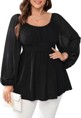 Womens Plus Size Blouse Square Neck Peplum Elegant Tops Long Sleeve Ruffle Babydoll Top