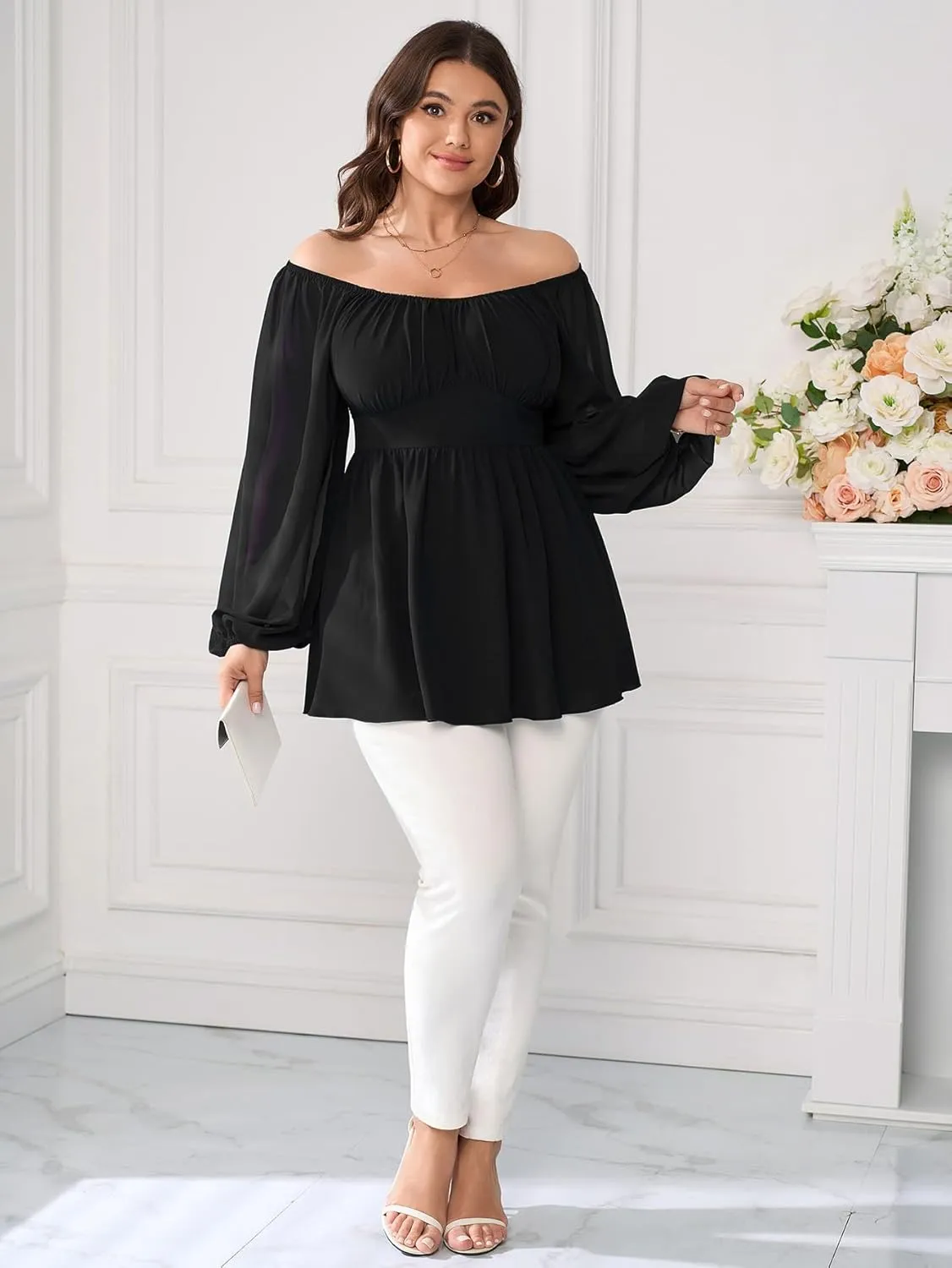 Womens Plus Size Blouse Square Neck Peplum Elegant Tops Long Sleeve Ruffle Babydoll Top