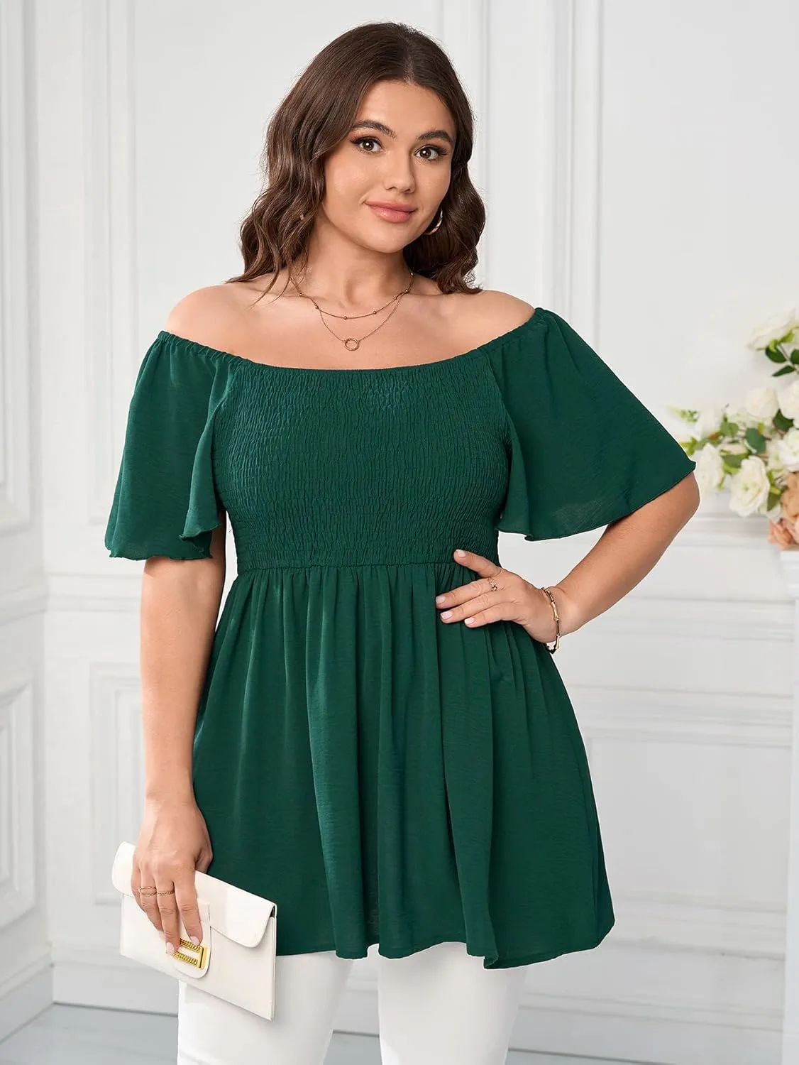 Women's Plus Size Dressy Tops Square Neck Short Sleeve Smocked Peplum Blouse Tops Shirts
