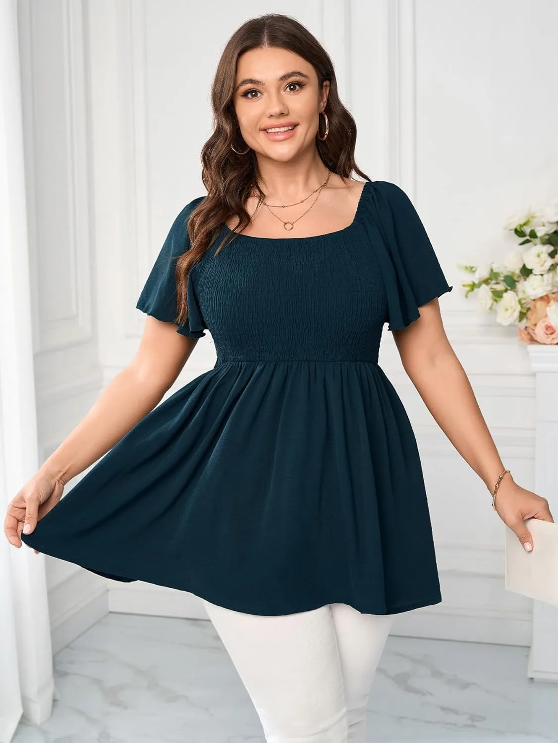 Women's Plus Size Dressy Tops Square Neck Short Sleeve Smocked Peplum Blouse Tops Shirts