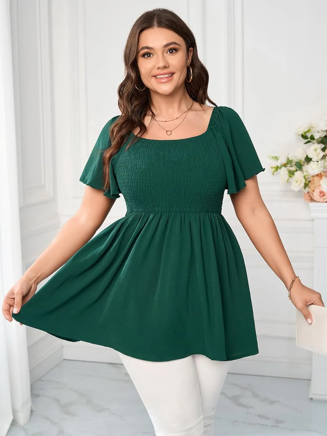 Women's Plus Size Dressy Tops Square Neck Short Sleeve Smocked Peplum Blouse Tops Shirts