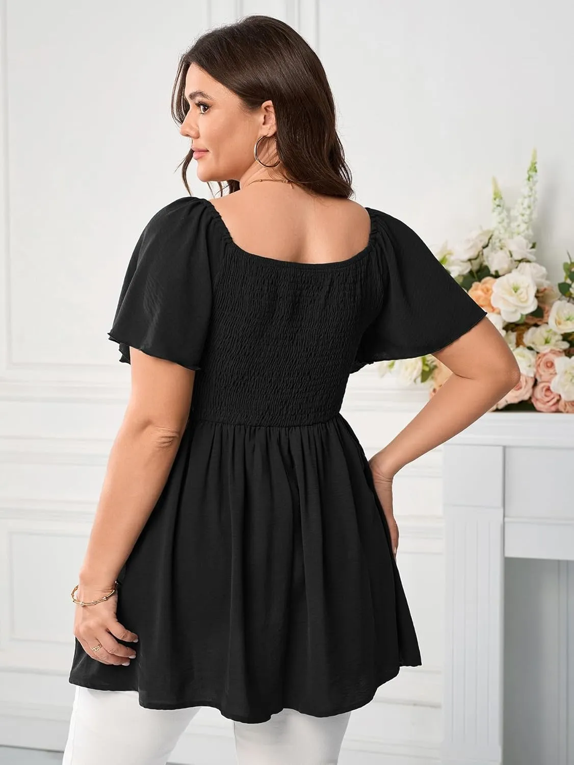 Women's Plus Size Dressy Tops Square Neck Short Sleeve Smocked Peplum Blouse Tops Shirts