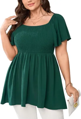 Women's Plus Size Dressy Tops Square Neck Short Sleeve Smocked Peplum Blouse Tops Shirts