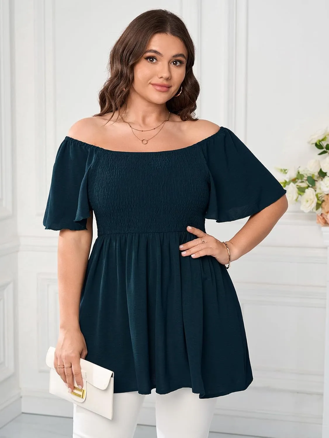 Women's Plus Size Dressy Tops Square Neck Short Sleeve Smocked Peplum Blouse Tops Shirts