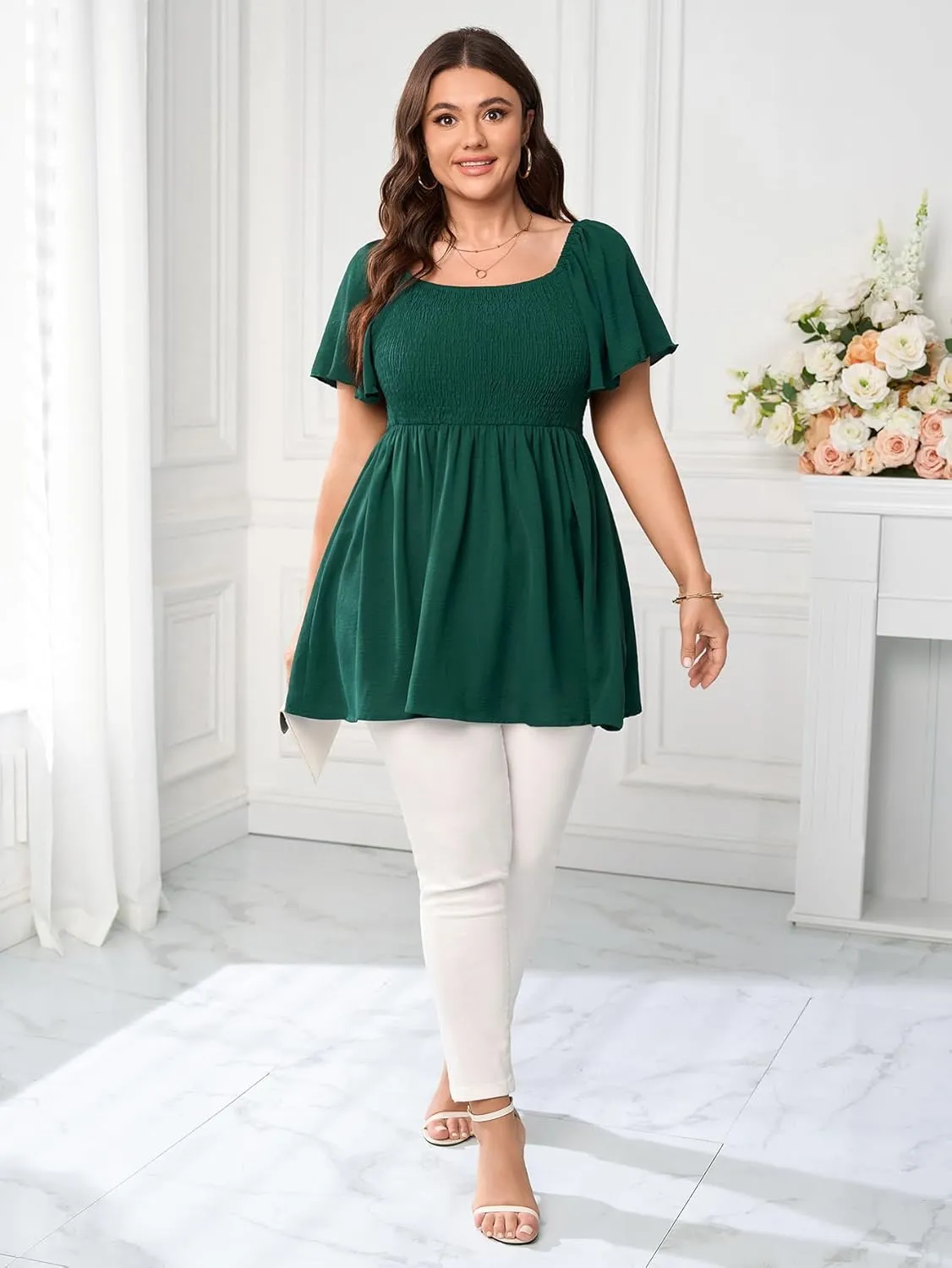 Women's Plus Size Dressy Tops Square Neck Short Sleeve Smocked Peplum Blouse Tops Shirts