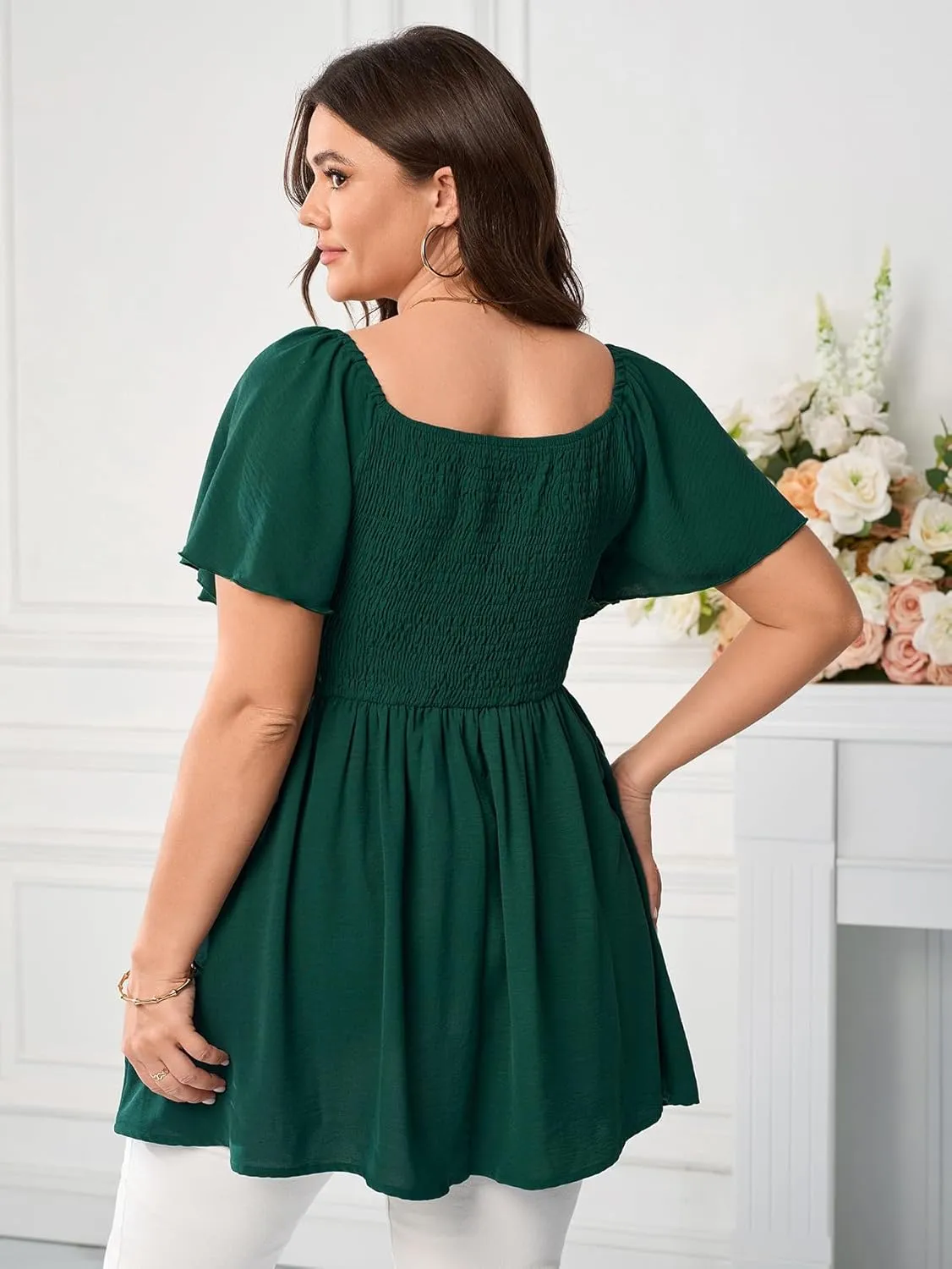 Women's Plus Size Dressy Tops Square Neck Short Sleeve Smocked Peplum Blouse Tops Shirts
