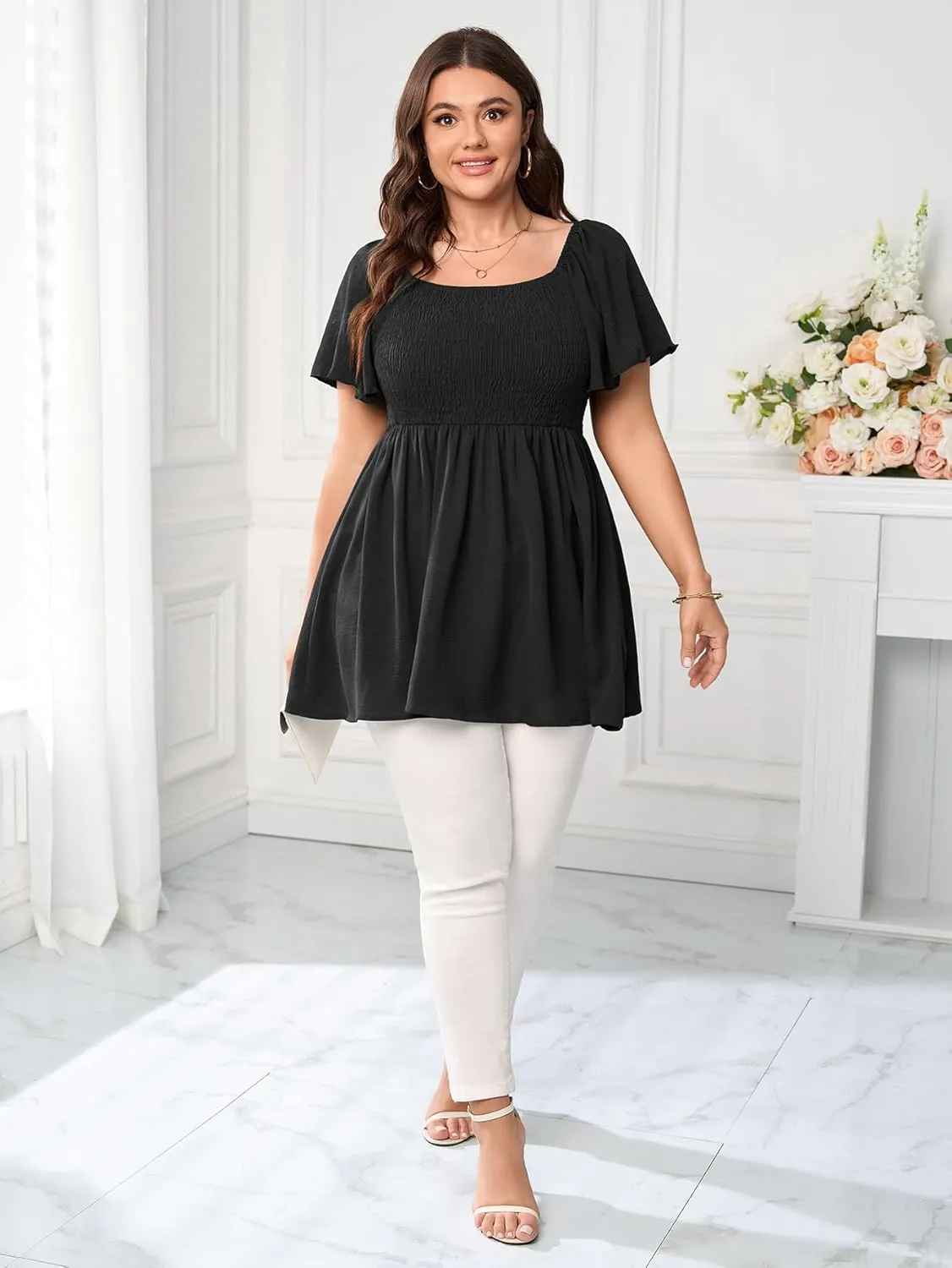 Women's Plus Size Dressy Tops Square Neck Short Sleeve Smocked Peplum Blouse Tops Shirts