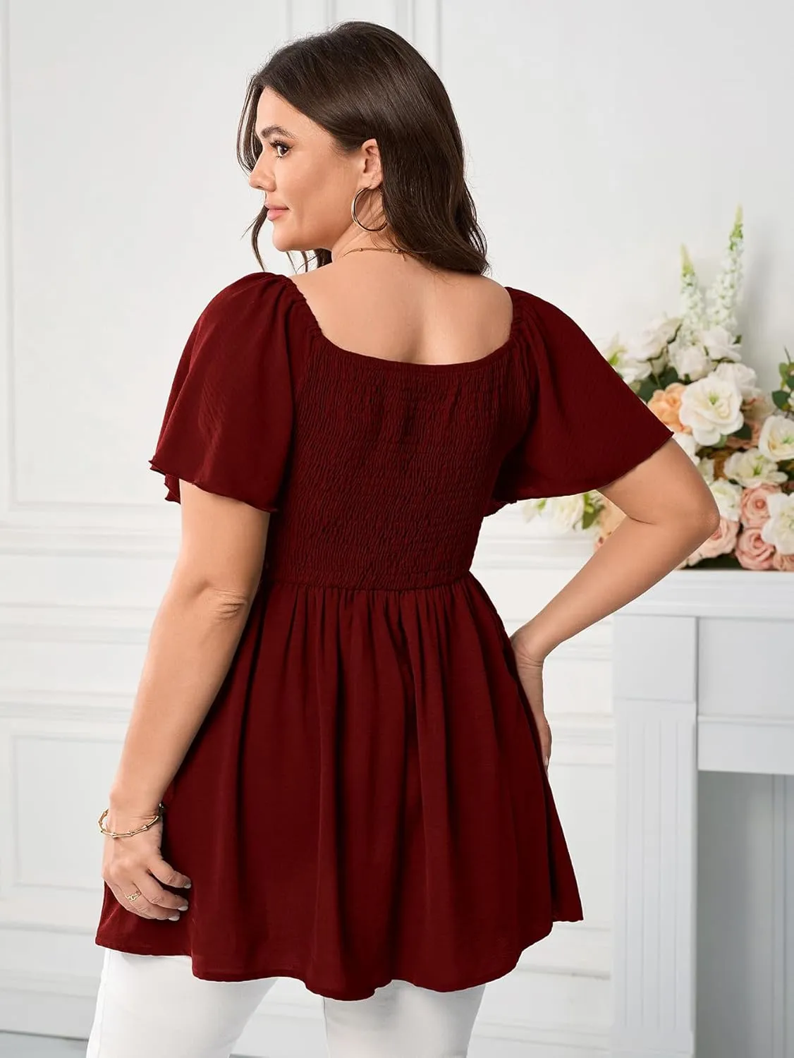 Women's Plus Size Dressy Tops Square Neck Short Sleeve Smocked Peplum Blouse Tops Shirts