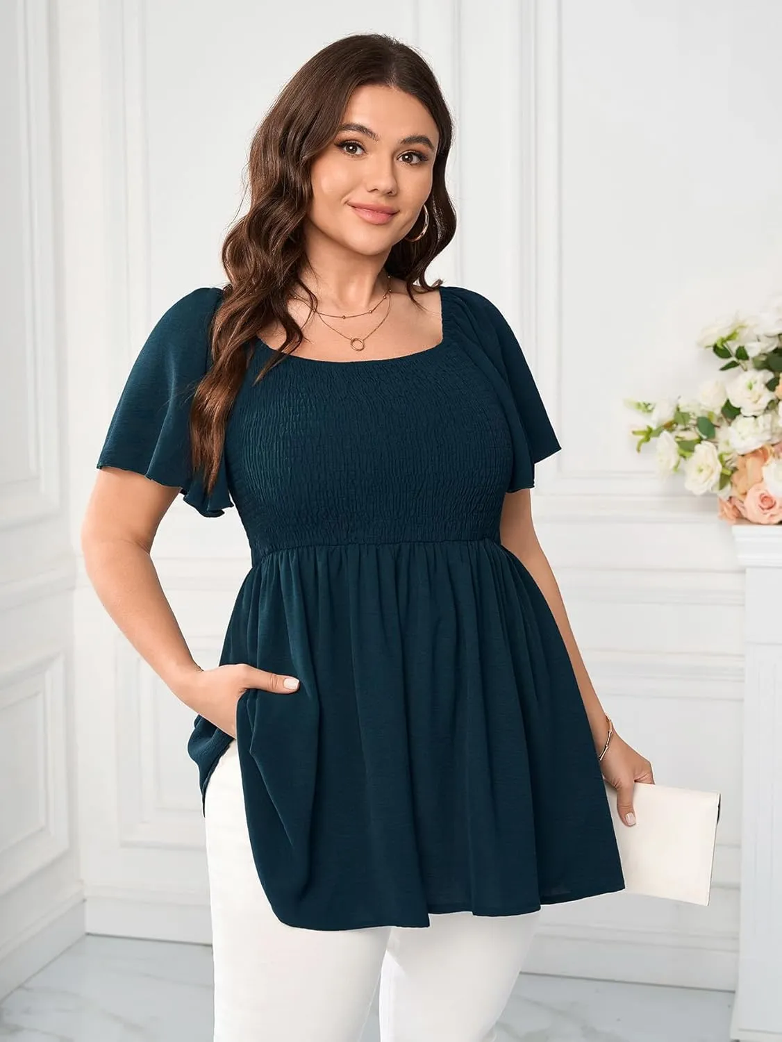 Women's Plus Size Dressy Tops Square Neck Short Sleeve Smocked Peplum Blouse Tops Shirts