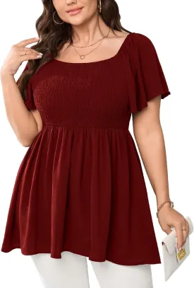 Women's Plus Size Dressy Tops Square Neck Short Sleeve Smocked Peplum Blouse Tops Shirts