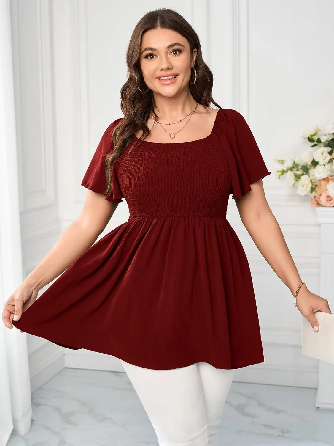Women's Plus Size Dressy Tops Square Neck Short Sleeve Smocked Peplum Blouse Tops Shirts