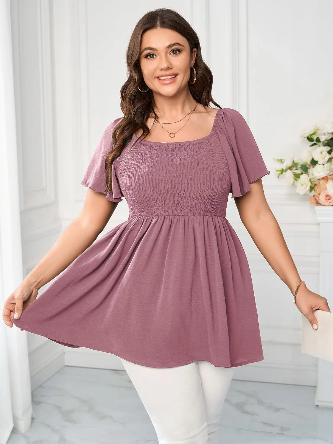 Women's Plus Size Dressy Tops Square Neck Short Sleeve Smocked Peplum Blouse Tops Shirts
