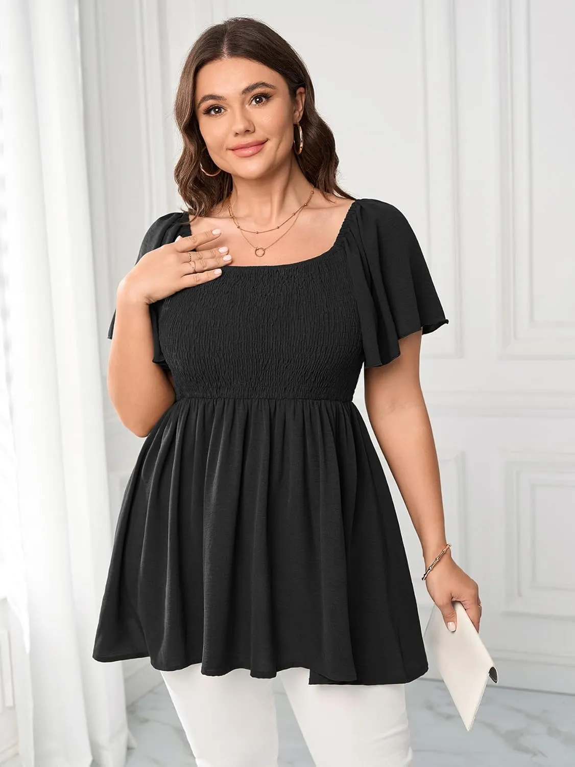 Women's Plus Size Dressy Tops Square Neck Short Sleeve Smocked Peplum Blouse Tops Shirts