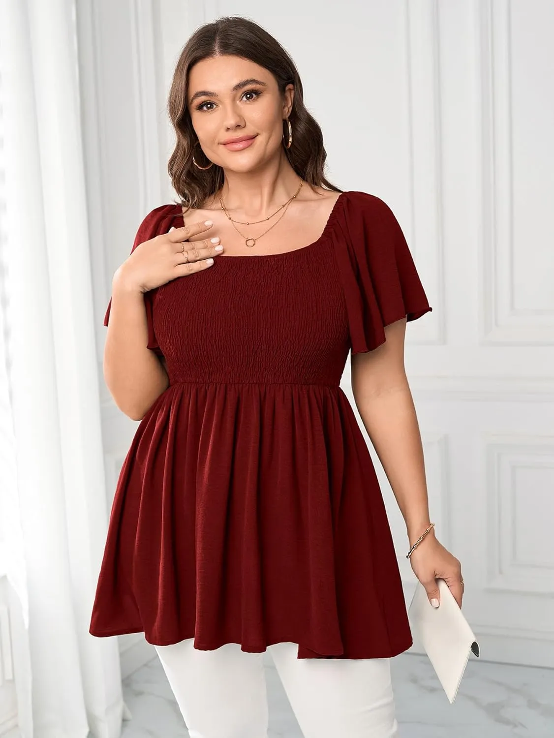Women's Plus Size Dressy Tops Square Neck Short Sleeve Smocked Peplum Blouse Tops Shirts