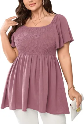 Women's Plus Size Dressy Tops Square Neck Short Sleeve Smocked Peplum Blouse Tops Shirts