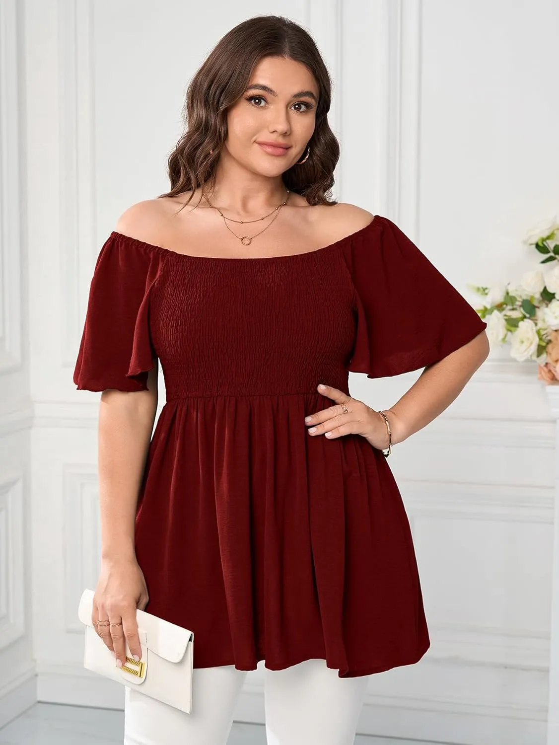 Women's Plus Size Dressy Tops Square Neck Short Sleeve Smocked Peplum Blouse Tops Shirts