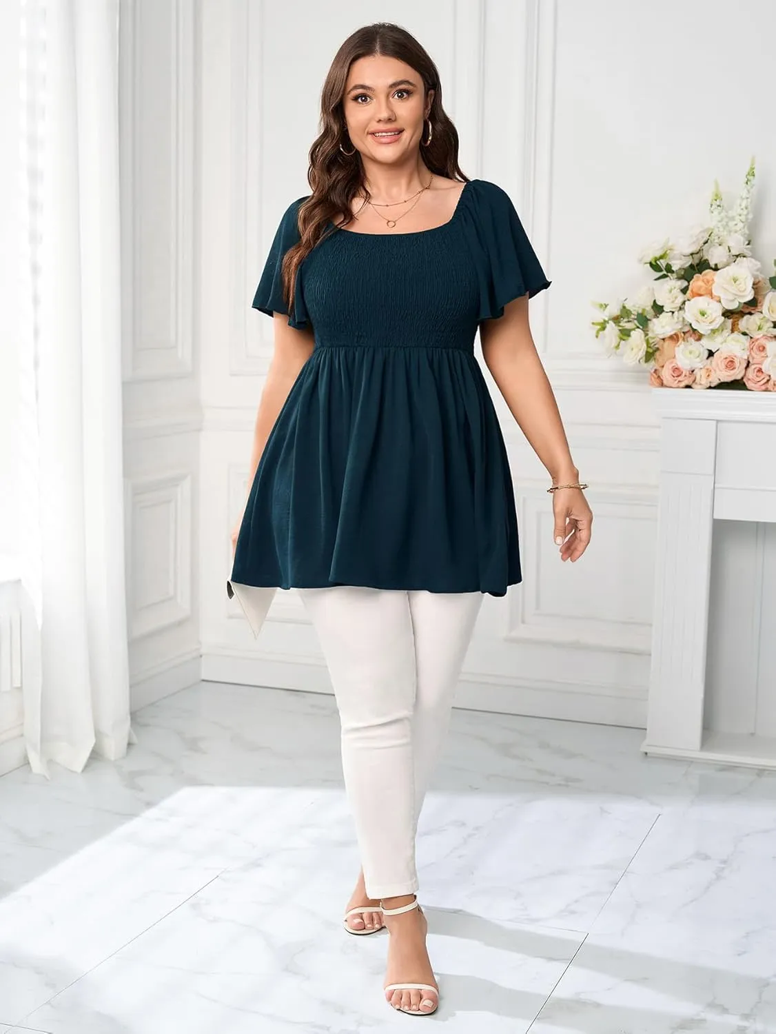 Women's Plus Size Dressy Tops Square Neck Short Sleeve Smocked Peplum Blouse Tops Shirts