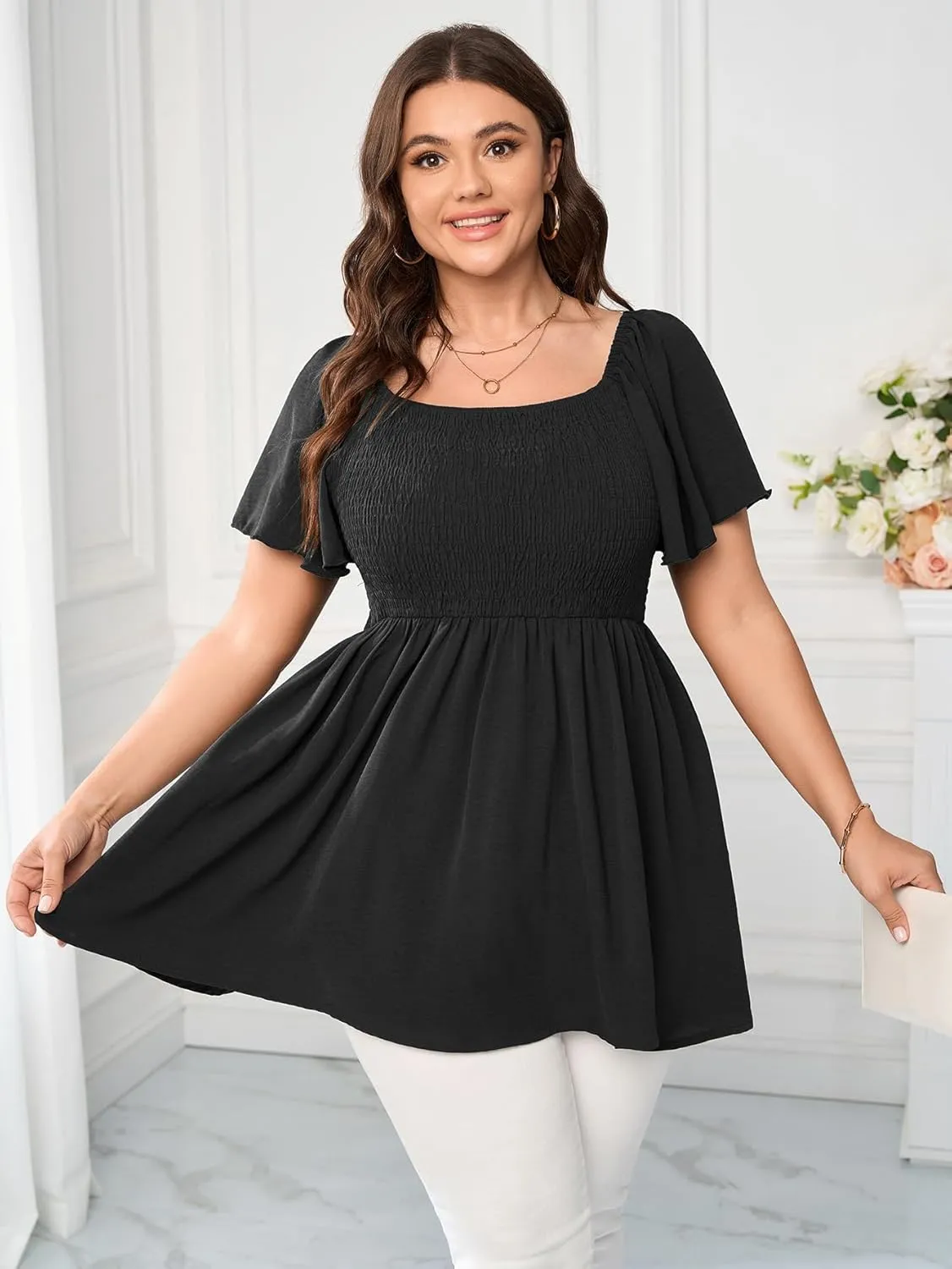 Women's Plus Size Dressy Tops Square Neck Short Sleeve Smocked Peplum Blouse Tops Shirts