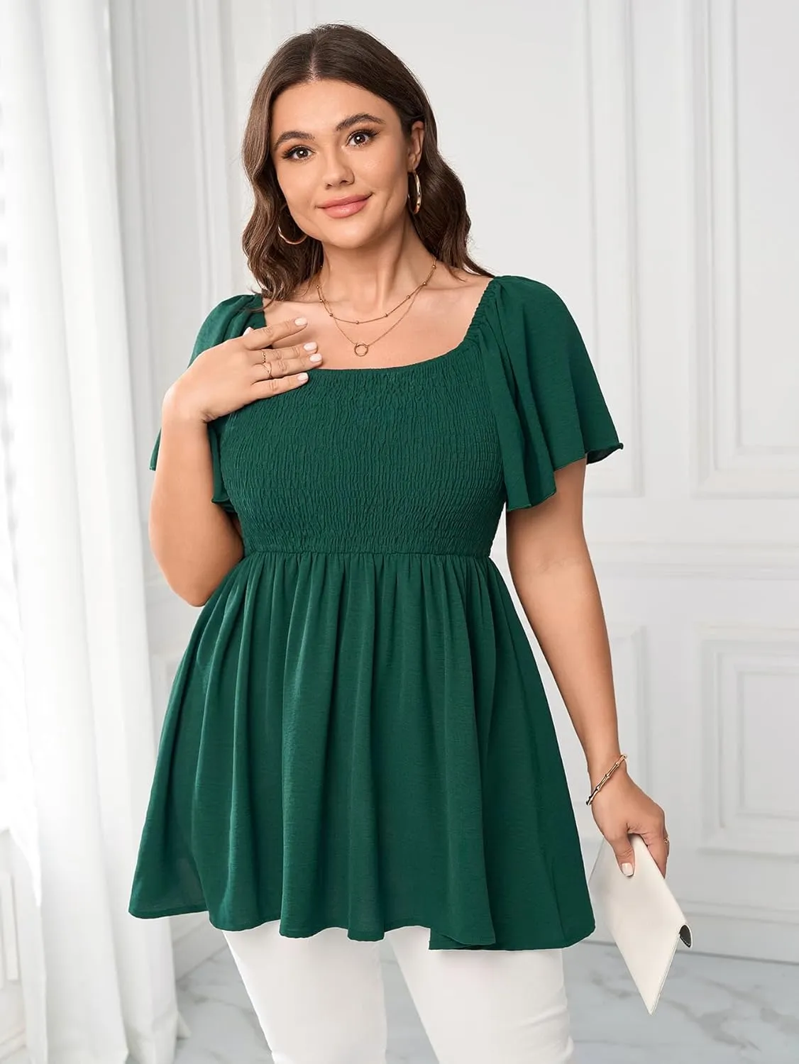 Women's Plus Size Dressy Tops Square Neck Short Sleeve Smocked Peplum Blouse Tops Shirts