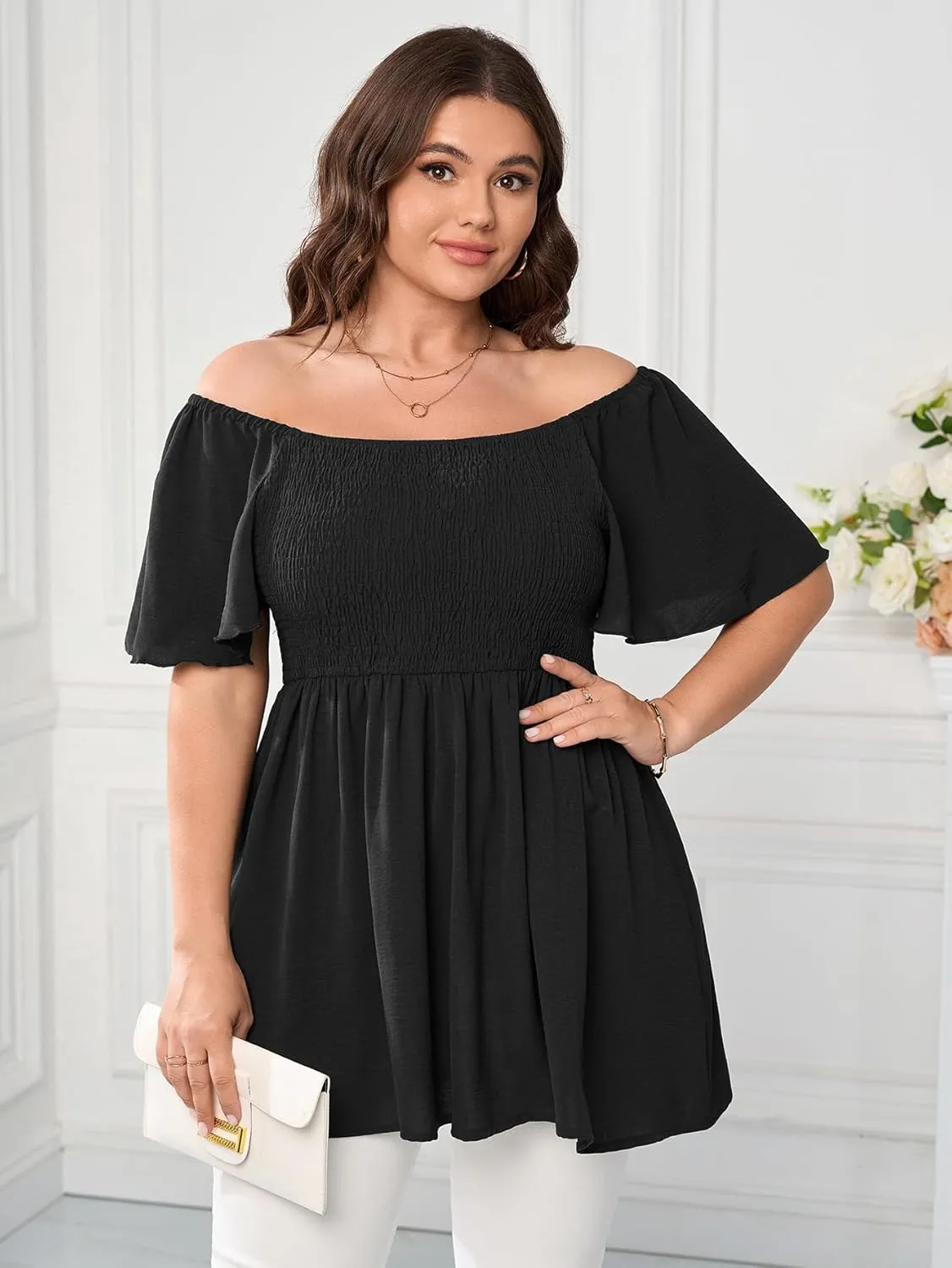 Women's Plus Size Dressy Tops Square Neck Short Sleeve Smocked Peplum Blouse Tops Shirts