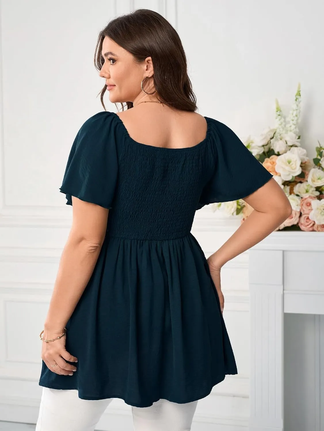 Women's Plus Size Dressy Tops Square Neck Short Sleeve Smocked Peplum Blouse Tops Shirts