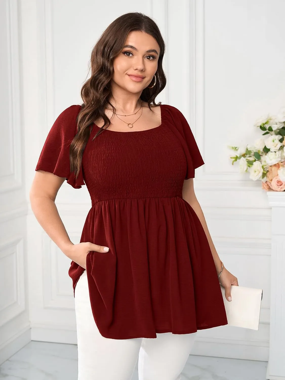 Women's Plus Size Dressy Tops Square Neck Short Sleeve Smocked Peplum Blouse Tops Shirts