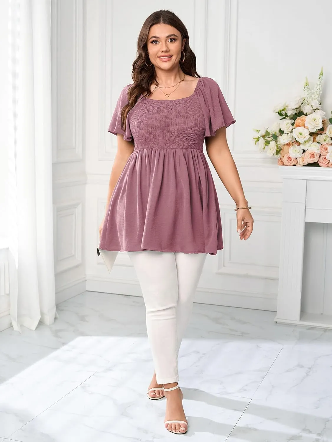 Women's Plus Size Dressy Tops Square Neck Short Sleeve Smocked Peplum Blouse Tops Shirts