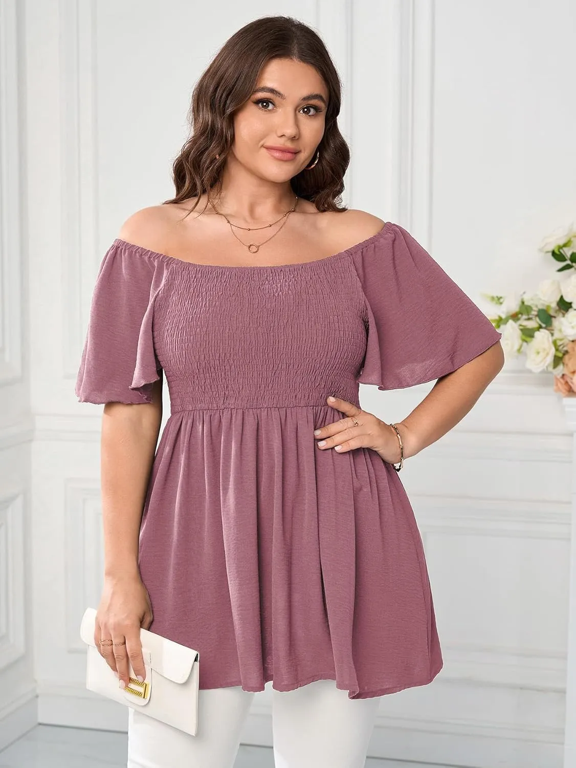 Women's Plus Size Dressy Tops Square Neck Short Sleeve Smocked Peplum Blouse Tops Shirts