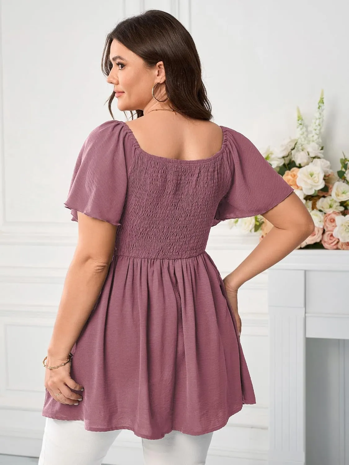Women's Plus Size Dressy Tops Square Neck Short Sleeve Smocked Peplum Blouse Tops Shirts